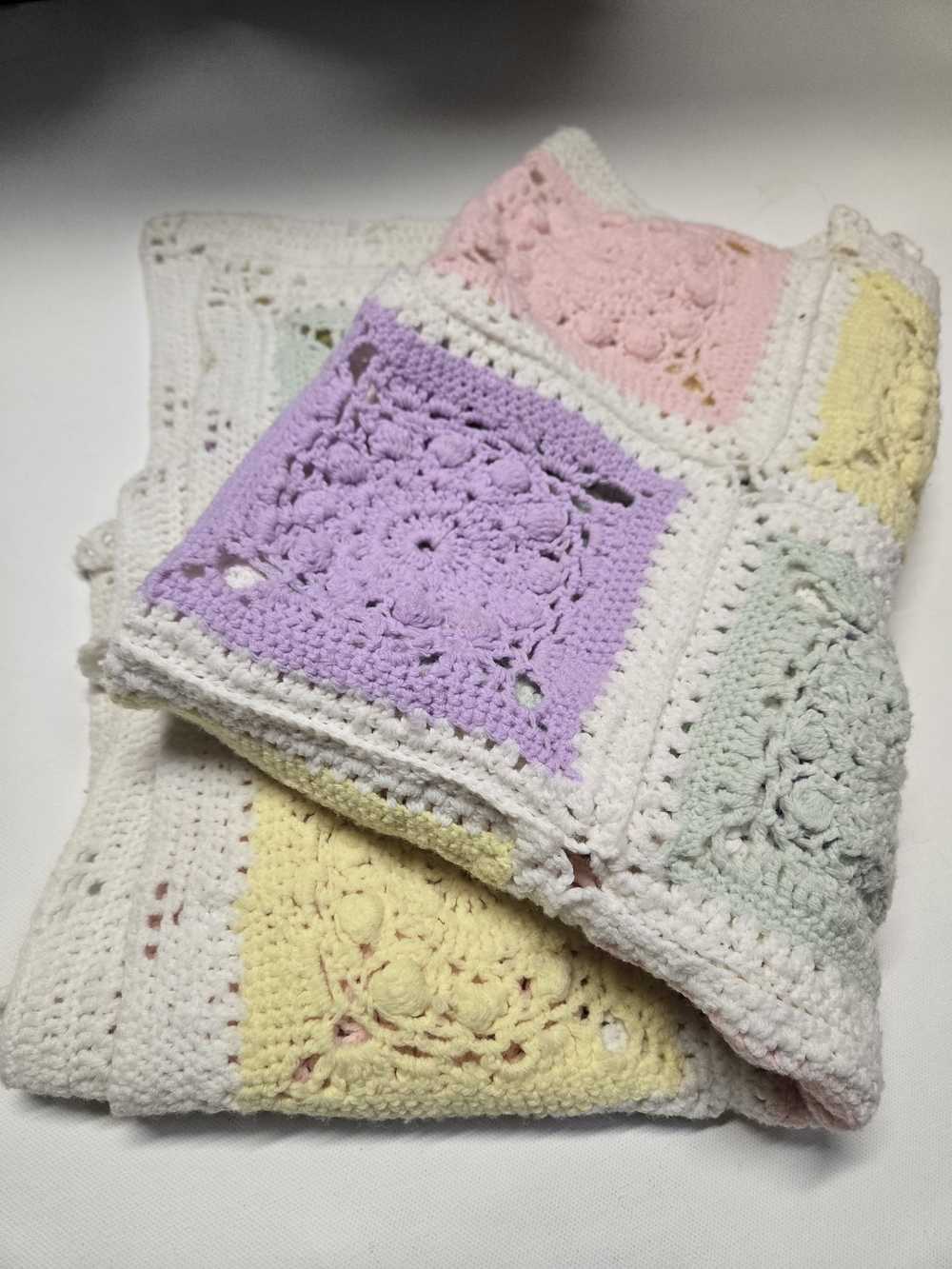 Handmade Crochet Mini Blanket in Pastel Lavender, Pink, Yellow & Mint Green